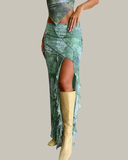 Zielony, kwiatowy crop top ze spódnicą