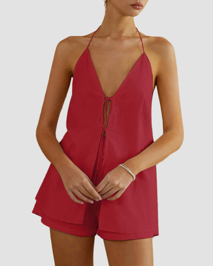 Zestaw Top Halter z odkrytymi plecami i szortami