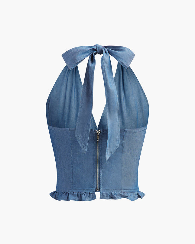 Top z denimu z wiązaniem na szyi i paskiem