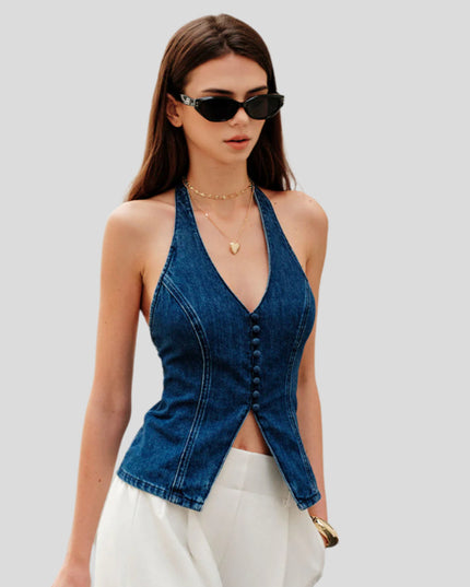 Top z denimu z wiązaniem na szyi