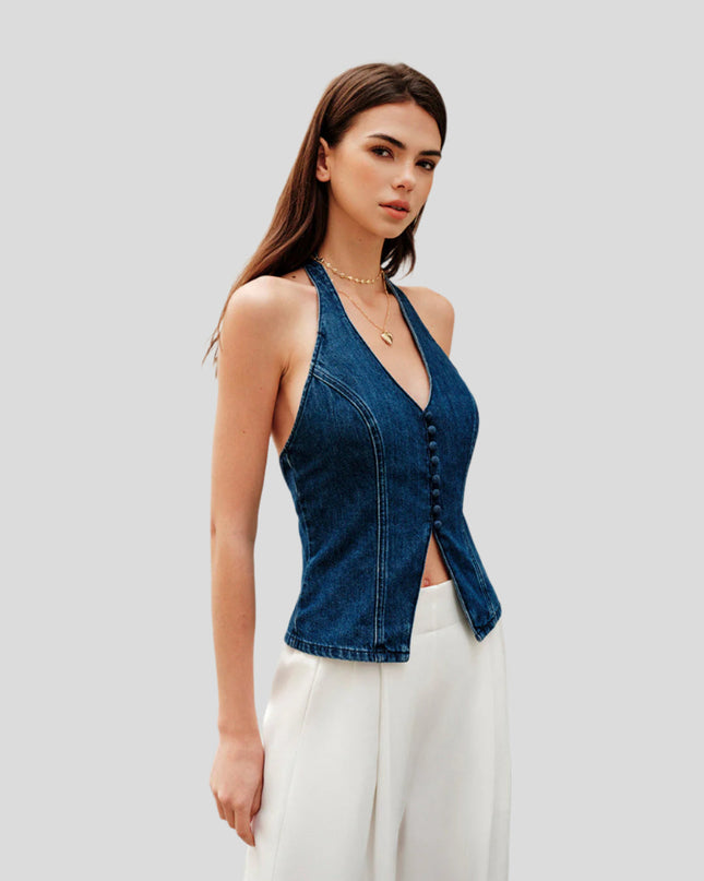 Top z denimu z wiązaniem na szyi