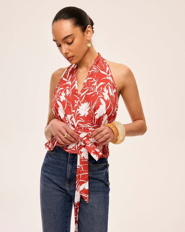 Kwiatowy top typu halter z paskiem w talii