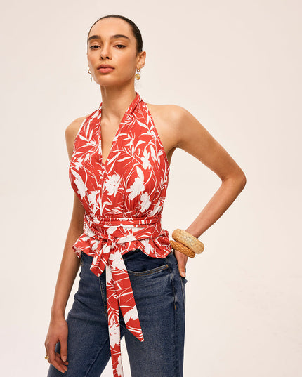 Kwiatowy top typu halter z paskiem w talii