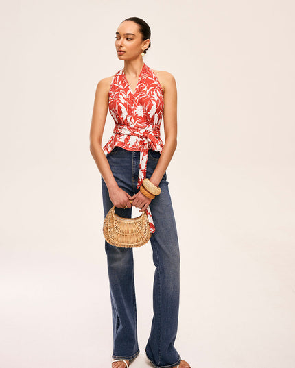 Kwiatowy top typu halter z paskiem w talii