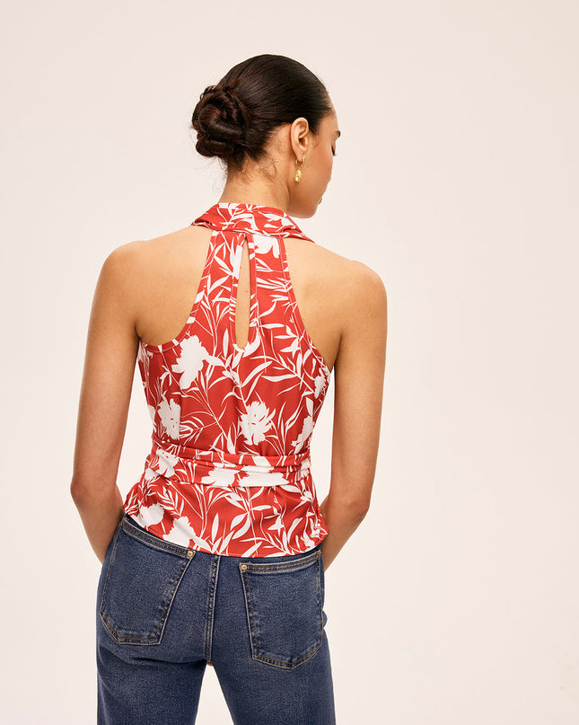Kwiatowy top typu halter z paskiem w talii