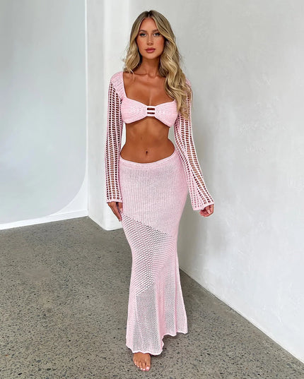 Elegancki dzianinowy letni top ze spódniczką
