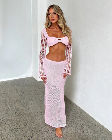 Elegancki dzianinowy letni top ze spódniczką