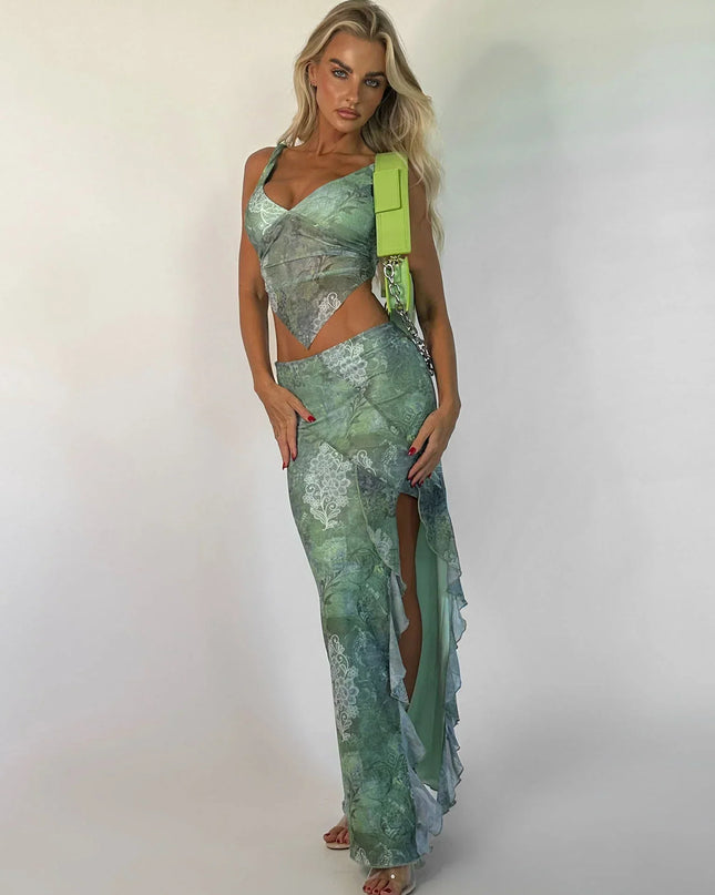 Zielony, kwiatowy crop top ze spódnicą