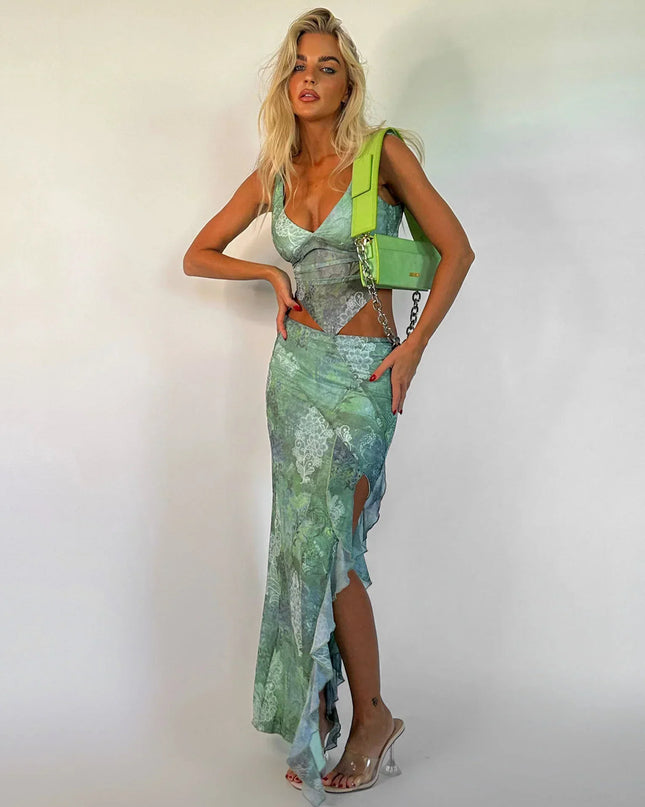 Zielony, kwiatowy crop top ze spódnicą